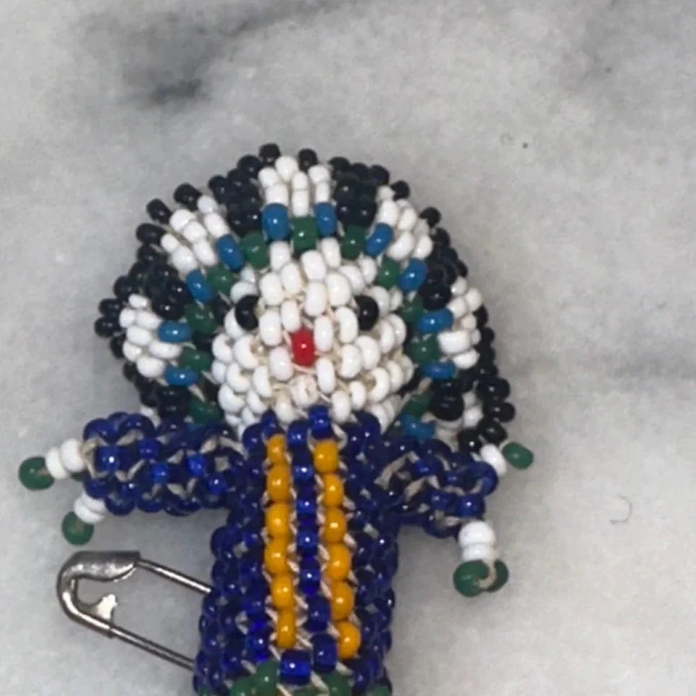 Vintage Handcrafted Indian Beaded Doll Pin Blue Yellow Seed Bead Folk Art Brooch